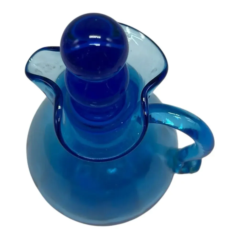 VTG RAINBOW Art Glass Bright Blue Pitcher Vase Decanter Oil Cruet Stopper 5in‎
